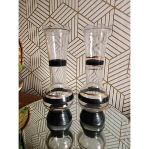 Vintage MCM Bartlett Collins Ruffled Top 9" Vases with Black and Gold Stripes